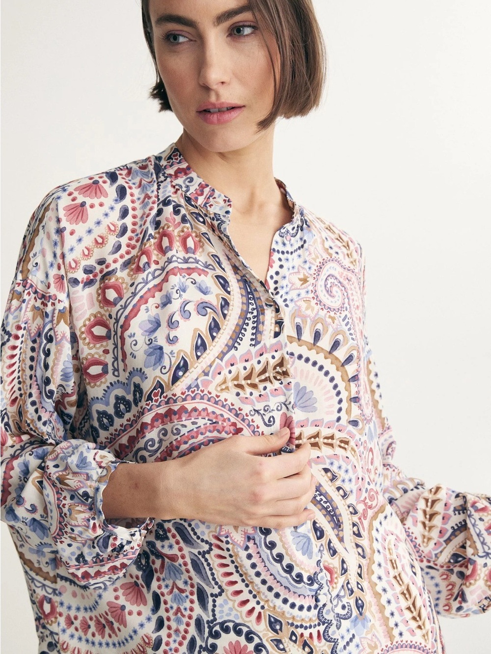 Tristan Paisley Split-Neck Blouse in Navy, Pink & Cream